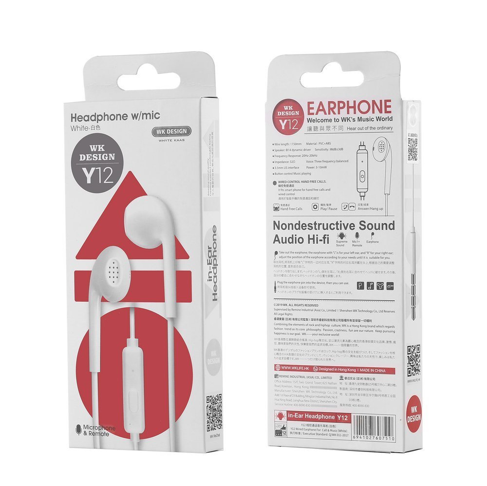 WK Earphone Earpods Headset 9D Lineary with Mic – Y12 – White |  Headphone, On-Ear Headphones